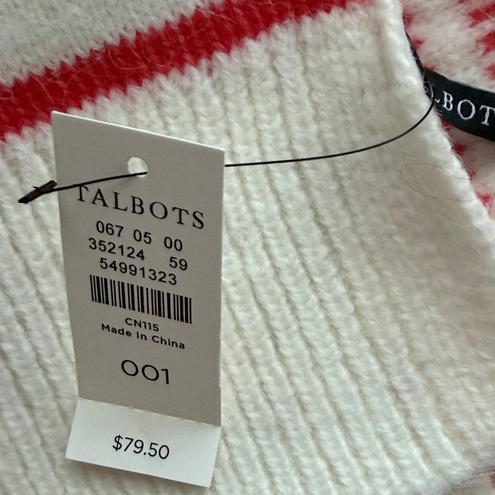 Talbots Fair Isle Heart Knit Scarf Womens Ivory Red Wool Blend Nordic Fisherman